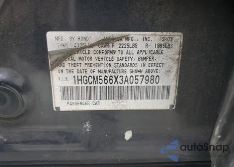 2003 Honda Accord Ex z USA, uszkodzony, nr VIN 1HGCM566X3A057980